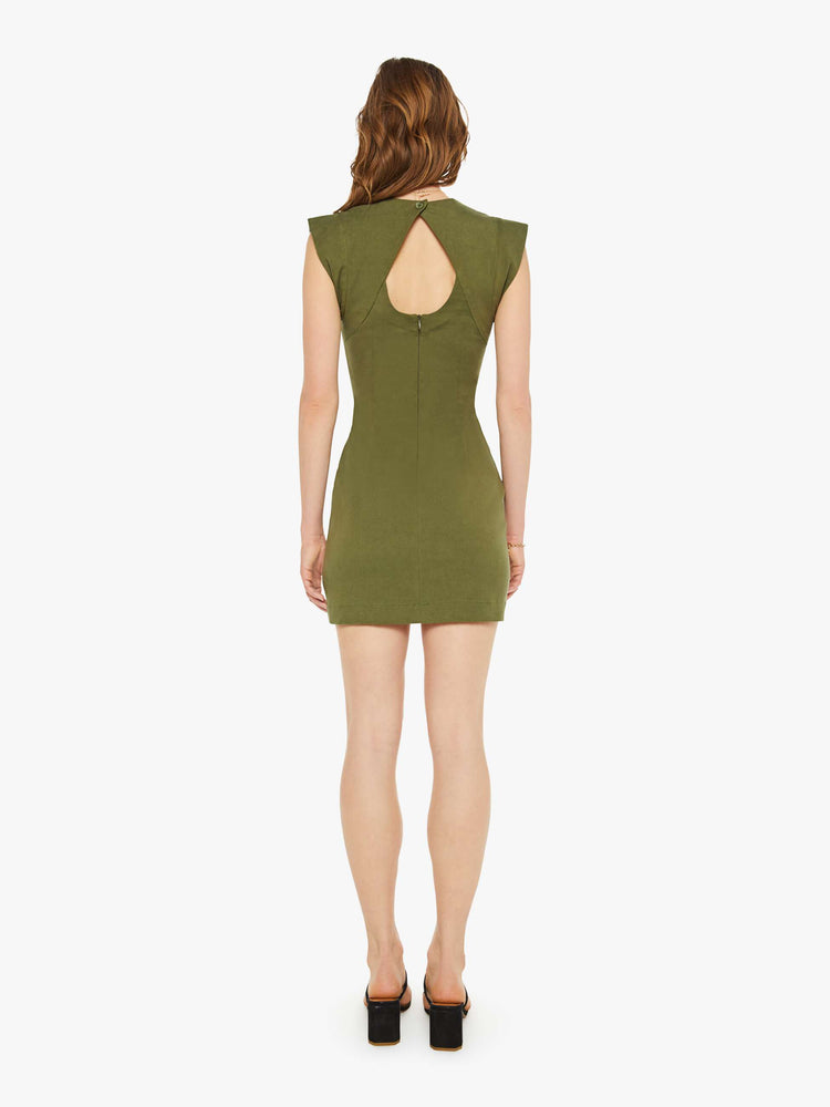 Back view of a woman in a olive green sleeveless mini dress with a crewneck, narrow fit and thigh-grazing hem.