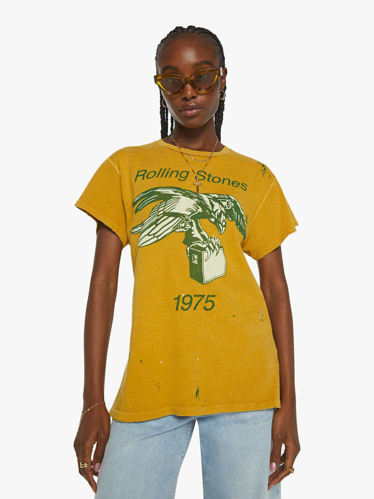 Front view of a mustard yellow crew neck tee featuring a Rolling Stones graphic.