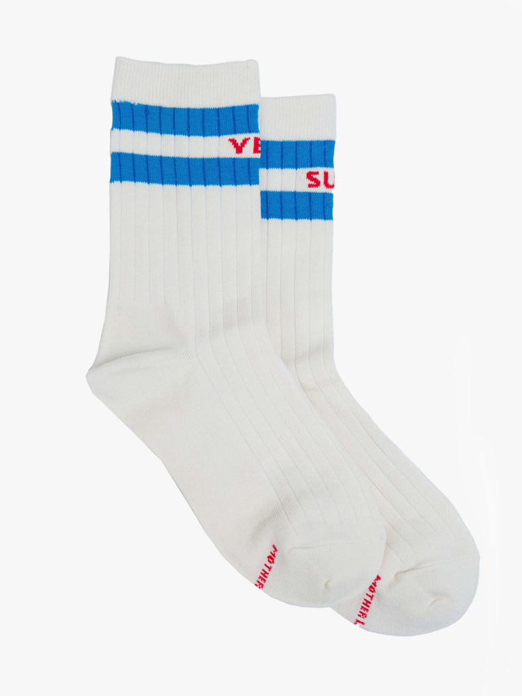 Side view of a tube socks with a message from MOTHER. Shown here in cream with red text and blue details.